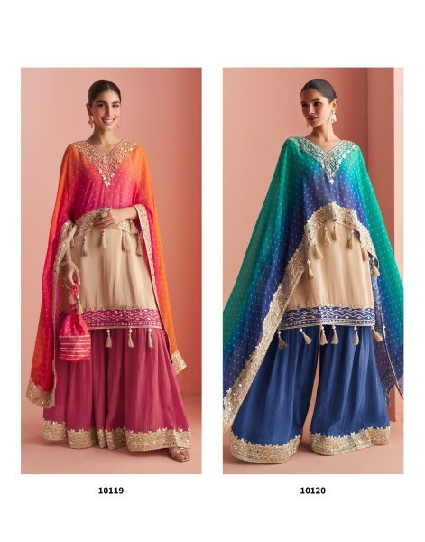 Modern Rani Pink Premium Pauncho Style Kaftan with Short and Sharara in Simar Silk Designer Plazzo Salwar Suits Wholesale