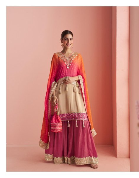 Modern Rani Pink Premium Pauncho Style Kaftan with Short and Sharara in Simar Silk Designer Plazzo Salwar Suits Wholesale