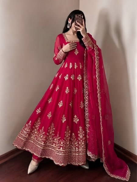 Modern Red Designer Fendy Silk Gown with 4 Meter at Wholesale Rate 