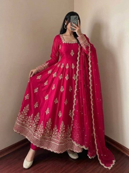 Modern Red Designer Fendy Silk Gown with 4 Meter at Wholesale Rate Ready To Wear Collection