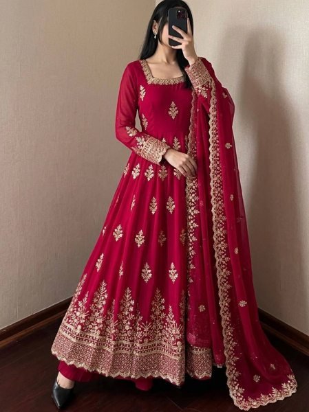 Modern Red Designer Fendy Silk Gown with 4 Meter at Wholesale Rate Ready To Wear Collection