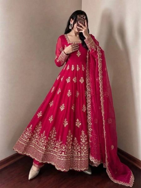 Modern Red Designer Fendy Silk Gown with 4 Meter at Wholesale Rate Ready To Wear Collection