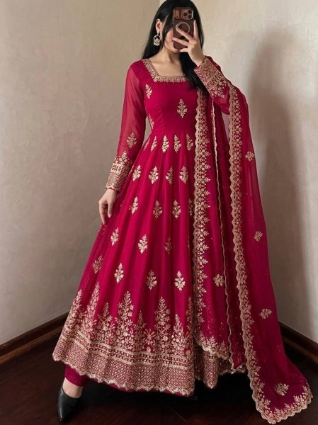 Modern Red Designer Fendy Silk Gown with 4 Meter at Wholesale Rate Ready To Wear Collection