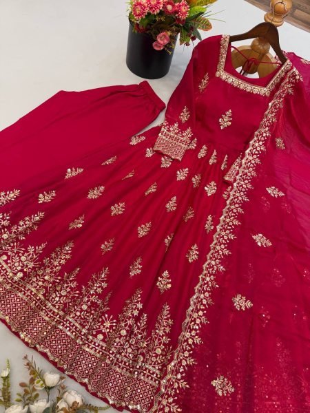 Modern Red Designer Fendy Silk Gown with 4 Meter at Wholesale Rate Ready To Wear Collection