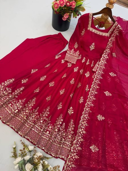 Modern Red Designer Fendy Silk Gown with 4 Meter at Wholesale Rate Ready To Wear Collection