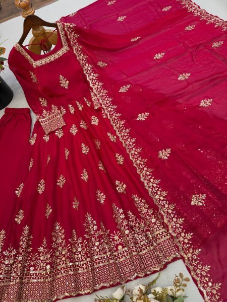 Modern Red Designer Fendy Silk Gown with 4 Meter at Wholesale Rate Ready To Wear Collection