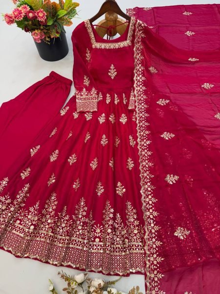 Modern Red Designer Fendy Silk Gown with 4 Meter at Wholesale Rate Ready To Wear Collection
