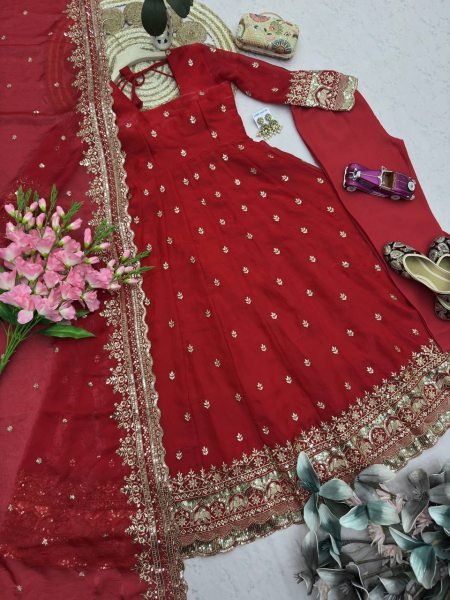 Modern Red Fandy Silk Embroidered Gown Set with Dupatta and Pant for Women Ready To Wear Collection