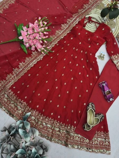 Modern Red Fandy Silk Embroidered Gown Set with Dupatta and Pant for Women Ready To Wear Collection