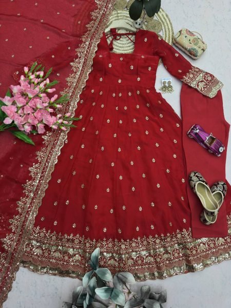 Modern Red Fandy Silk Embroidered Gown Set with Dupatta and Pant for Women Ready To Wear Collection