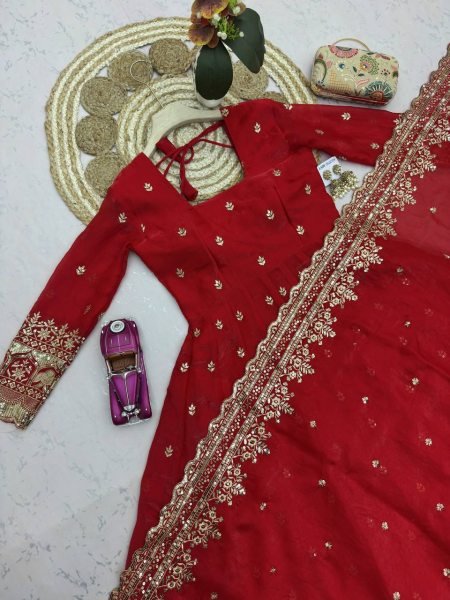 Modern Red Fandy Silk Embroidered Gown Set with Dupatta and Pant for Women Ready To Wear Collection