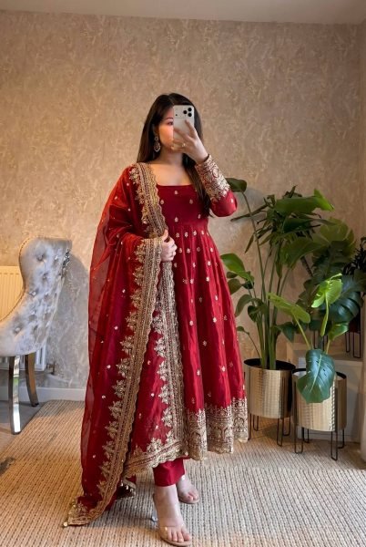 Modern Red Fandy Silk Embroidered Gown Set with Dupatta and Pant for Women Ready To Wear Collection