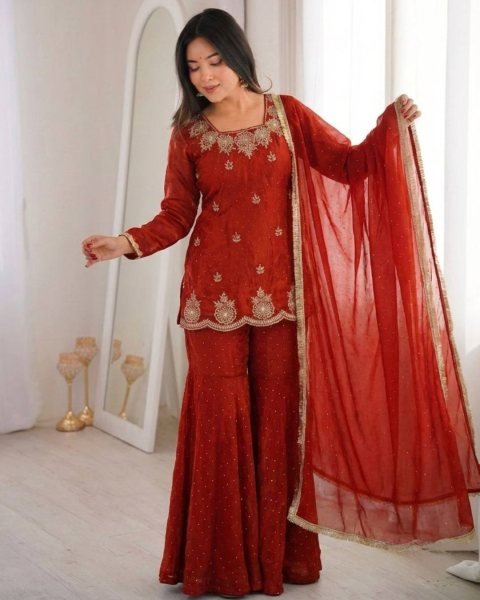 Modern Rust embroidery sequence work And Zarkan diamond detailing  Sharara Set With Dupatta 