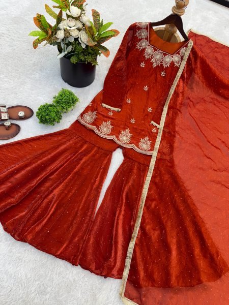 Modern Rust embroidery sequence work And Zarkan diamond detailing  Sharara Set With Dupatta Ready To Wear Collection