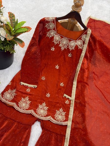Modern Rust embroidery sequence work And Zarkan diamond detailing  Sharara Set With Dupatta Ready To Wear Collection