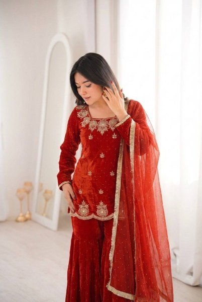 Modern Rust embroidery sequence work And Zarkan diamond detailing  Sharara Set With Dupatta Ready To Wear Collection