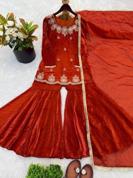 Modern Rust embroidery sequence work And Zarkan diamond detailing  Sharara Set With Dupatta Ready To Wear Collection