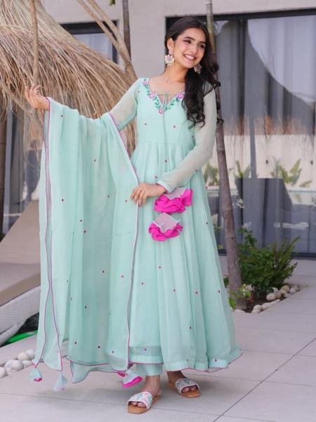 Modern Sky Blue Embroidered Chiffon Suit at Best Rates 