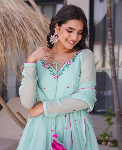 Modern Sky Blue Embroidered Chiffon Suit at Best Rates Embroidery Kurtis 