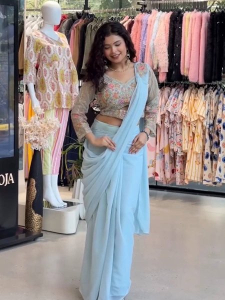 Modern Sky Blue Faux Georgette Saree with Handwork Blouse and Waist Belt Ready To Wear Saree 