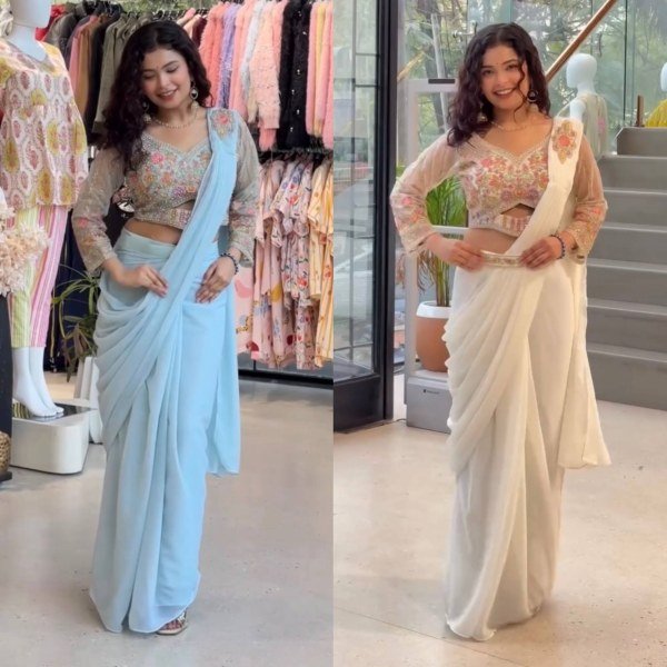 Modern Sky Blue Faux Georgette Saree with Handwork Blouse and Waist Belt Ready To Wear Saree 