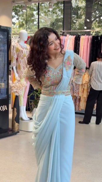 Modern Sky Blue Faux Georgette Saree with Handwork Blouse and Waist Belt Ready To Wear Saree 