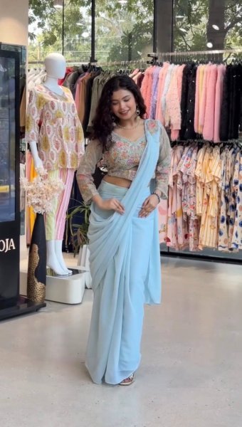 Modern Sky Blue Faux Georgette Saree with Handwork Blouse and Waist Belt Ready To Wear Saree 