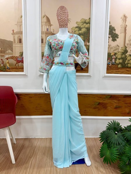 Modern Sky Blue Faux Georgette Saree with Handwork Blouse and Waist Belt Ready To Wear Saree 