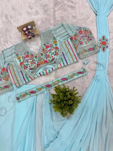 Modern Sky Blue Faux Georgette Saree with Handwork Blouse and Waist Belt Ready To Wear Saree 