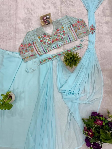 Modern Sky Blue Faux Georgette Saree with Handwork Blouse and Waist Belt Ready To Wear Saree 