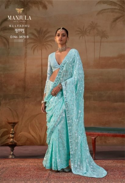 Modern Sky Blue Party Wear Georgette Saree with Unastitch Embroidered Blouse Designer Wedding Sarees Wholesale
