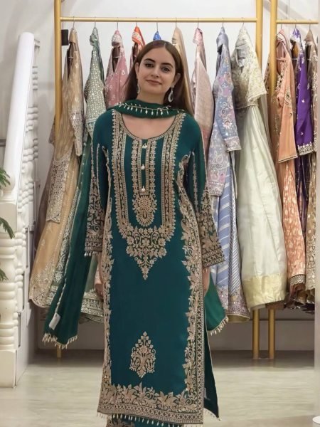 Modern Teal Faux Georgette Embroidered Suit Set with Dupatta Using Latkan And Embroidery Work 