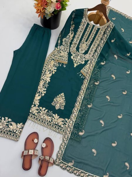 Modern Teal Faux Georgette Embroidered Suit Set with Dupatta Using Latkan And Embroidery Work Ready To Wear Collection