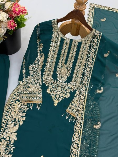 Modern Teal Faux Georgette Embroidered Suit Set with Dupatta Using Latkan And Embroidery Work Ready To Wear Collection