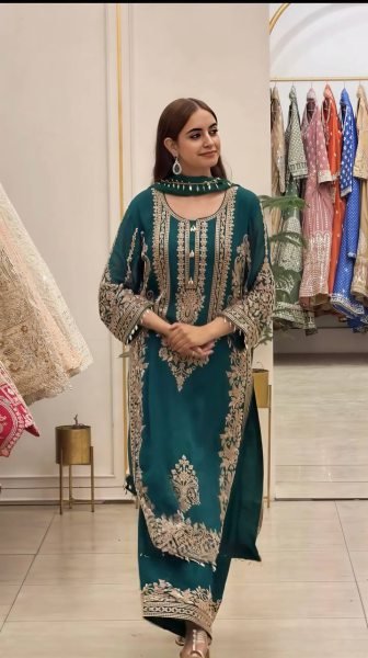 Modern Teal Faux Georgette Embroidered Suit Set with Dupatta Using Latkan And Embroidery Work Ready To Wear Collection