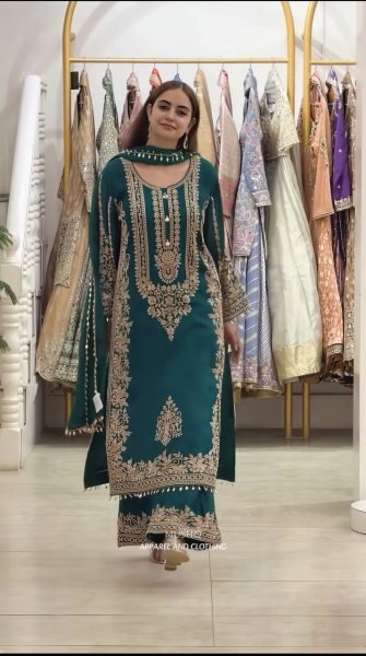 Modern Teal Faux Georgette Embroidered Suit Set with Dupatta Using Latkan And Embroidery Work Ready To Wear Collection