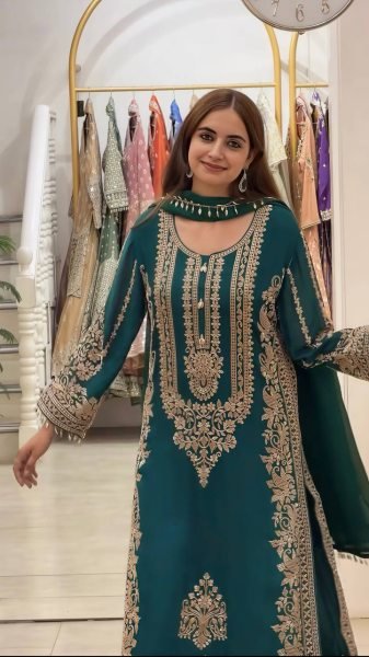 Modern Teal Faux Georgette Embroidered Suit Set with Dupatta Using Latkan And Embroidery Work Ready To Wear Collection