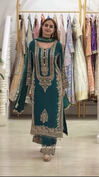 Modern Teal Faux Georgette Embroidered Suit Set with Dupatta Using Latkan And Embroidery Work Ready To Wear Collection