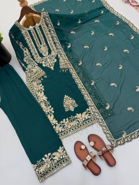 Modern Teal Faux Georgette Embroidered Suit Set with Dupatta Using Latkan And Embroidery Work Ready To Wear Collection