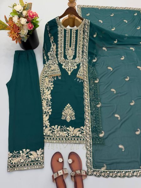 Modern Teal Faux Georgette Embroidered Suit Set with Dupatta Using Latkan And Embroidery Work Ready To Wear Collection