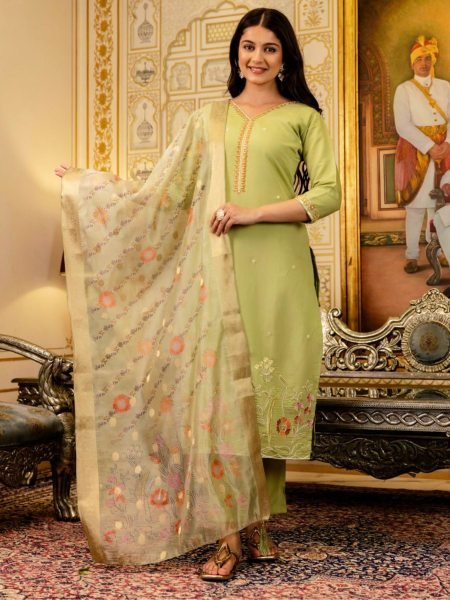 Modern Viscose Simer Green Suit Set with Embroidery   Printed Organza Dupatta for Party Wear at Manufacturer Rate 
