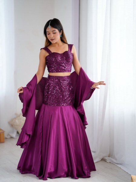 Modern Wedding Wear Royal Purple Lehenga Skirt with Sequins Embroidery Bollywood Lehenga Choli