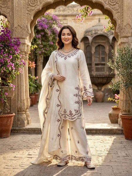 Modern White Embroidered Sharara Suit Set Made From Heavy Faux Georgette Fabric.  