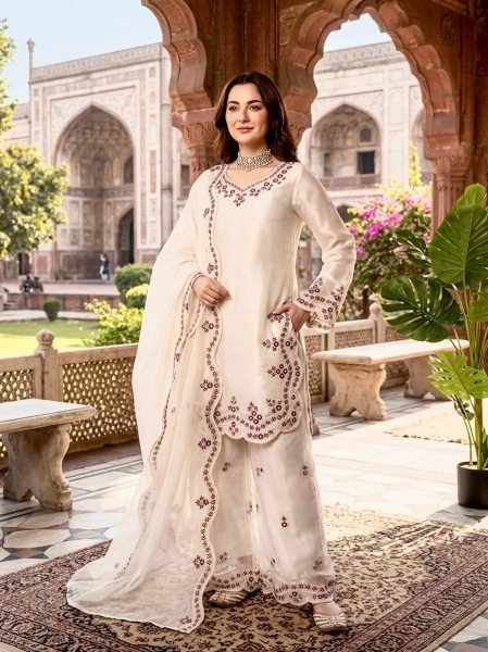 Modern White Embroidered Sharara Suit Set Made From Heavy Faux Georgette Fabric.  Ready To Wear Collection