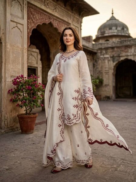 Modern White Embroidered Sharara Suit Set Made From Heavy Faux Georgette Fabric.  Ready To Wear Collection