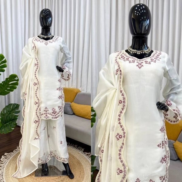 Modern White Embroidered Sharara Suit Set Made From Heavy Faux Georgette Fabric.  Ready To Wear Collection