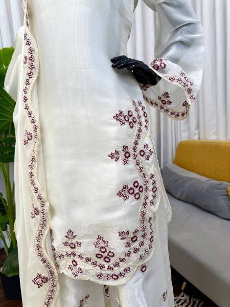 Modern White Embroidered Sharara Suit Set Made From Heavy Faux Georgette Fabric.  Ready To Wear Collection