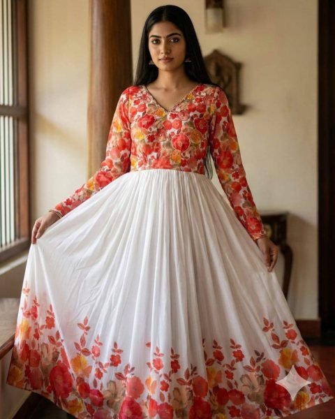Modern White Maslin Floral Printed Gown with Micro Cotton Inner for Festive Collection 