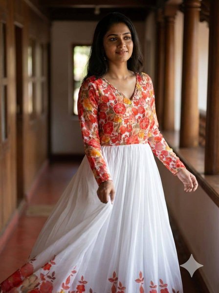 Modern White Maslin Floral Printed Gown with Micro Cotton Inner for Festive Collection Anarkali Kurtis 