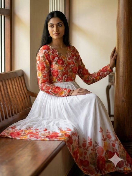 Modern White Maslin Floral Printed Gown with Micro Cotton Inner for Festive Collection Anarkali Kurtis 